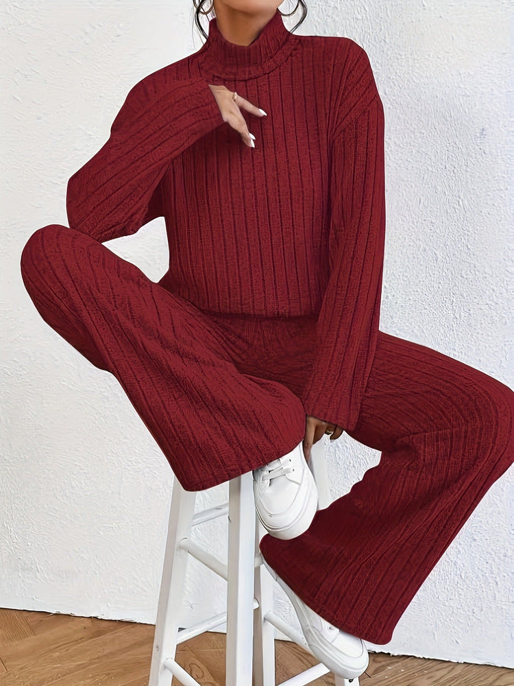 Women's roll neck jumper and wide-leg trouser set in wine red