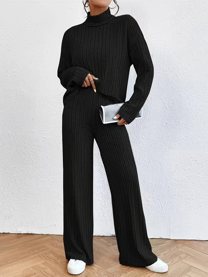 Women's roll neck jumper and wide-leg trouser set in black