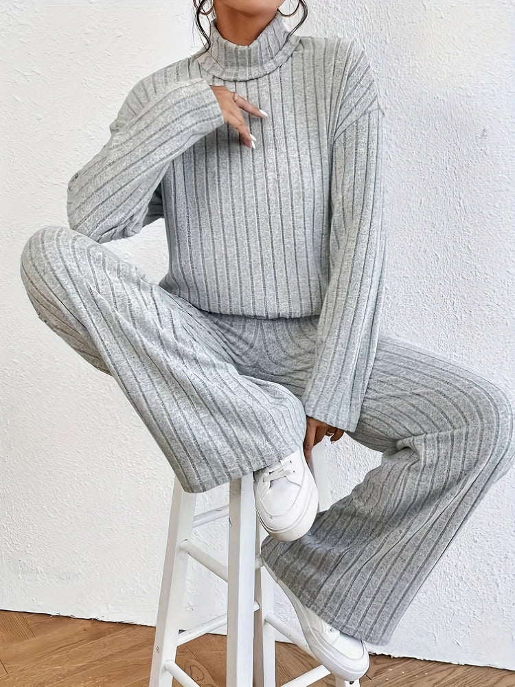 Women's roll neck jumper and wide-leg trouser set in grey