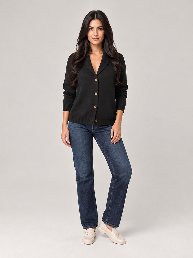 Women's shawl collar knitted cardigan with button front in black