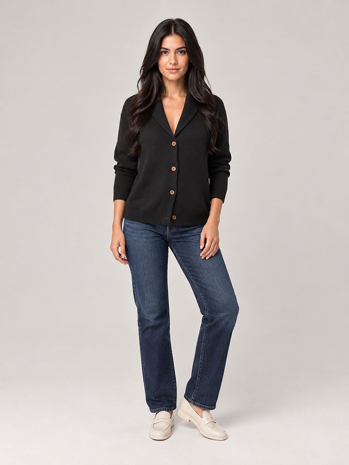 Women's shawl collar knitted cardigan with button front in black