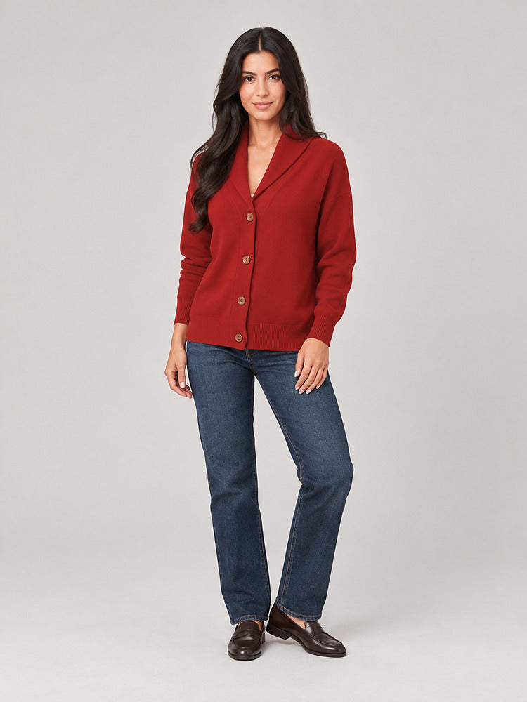 Women's shawl collar knitted cardigan with button front in burgundy