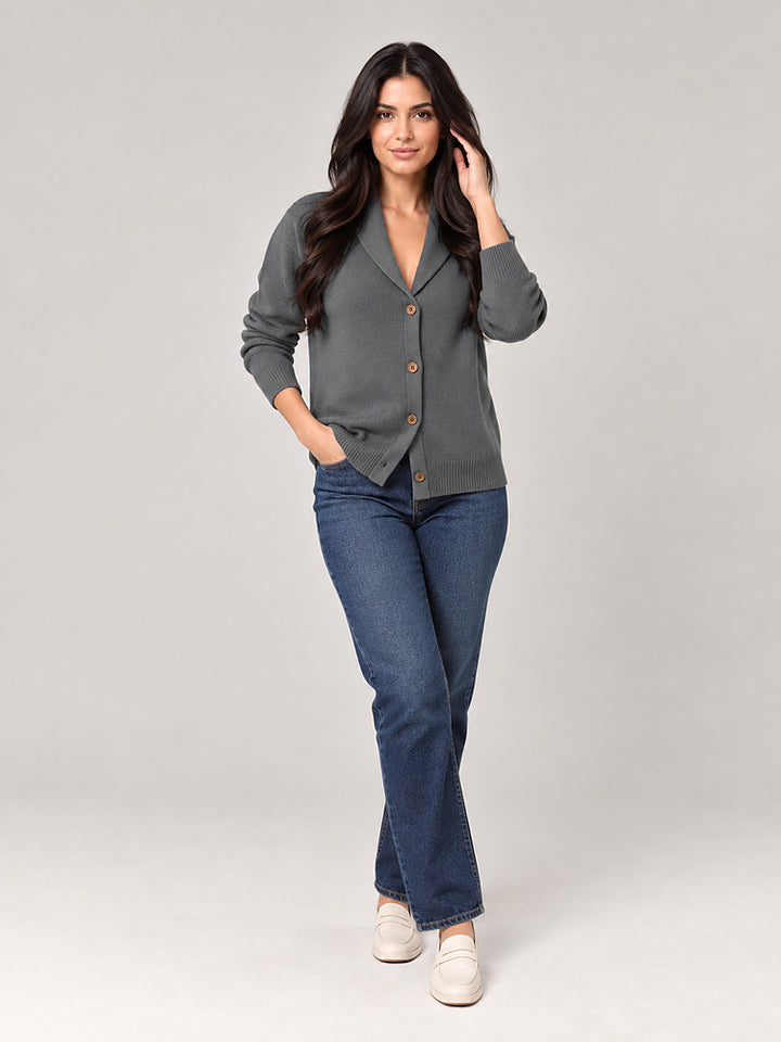 Women's shawl collar knitted cardigan with button front in grey