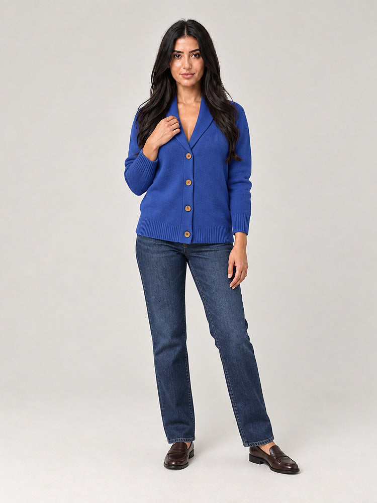 Women's shawl collar knitted cardigan with button front in blue
