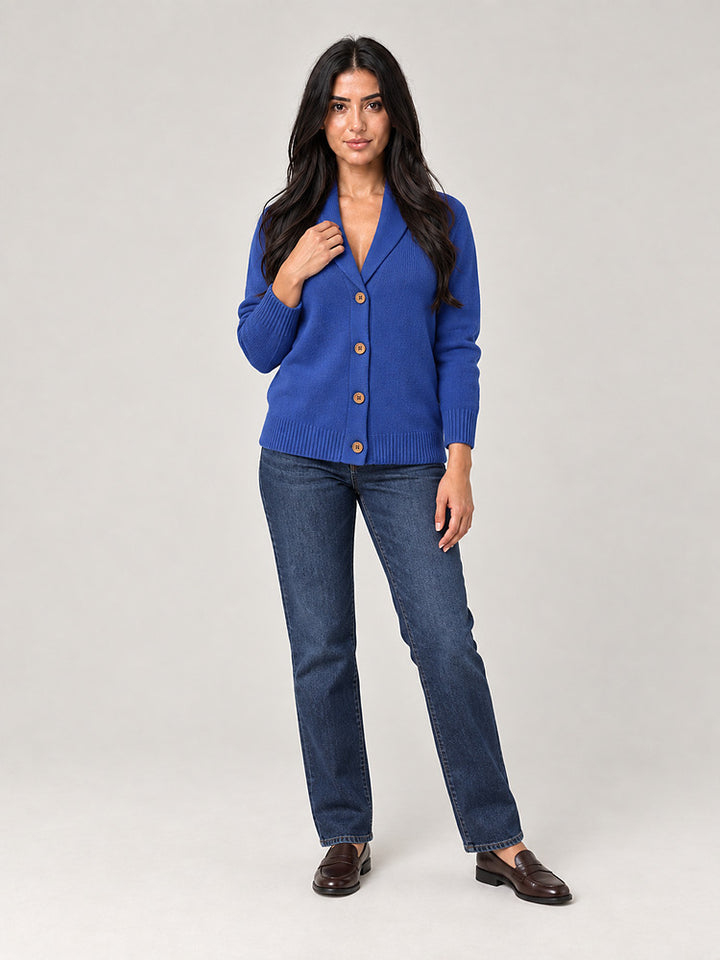 Women's shawl collar knitted cardigan with button front in blue
