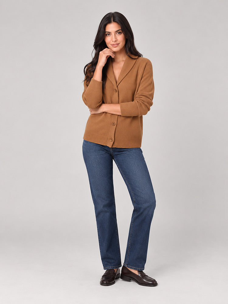 Women's shawl collar knitted cardigan with button front in brown