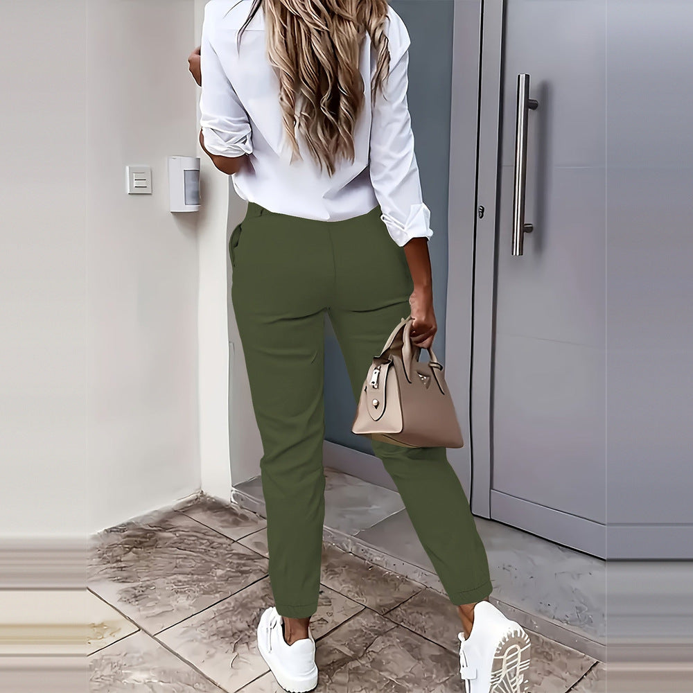 Women's slim-fit commuter trousers in fern green, side view