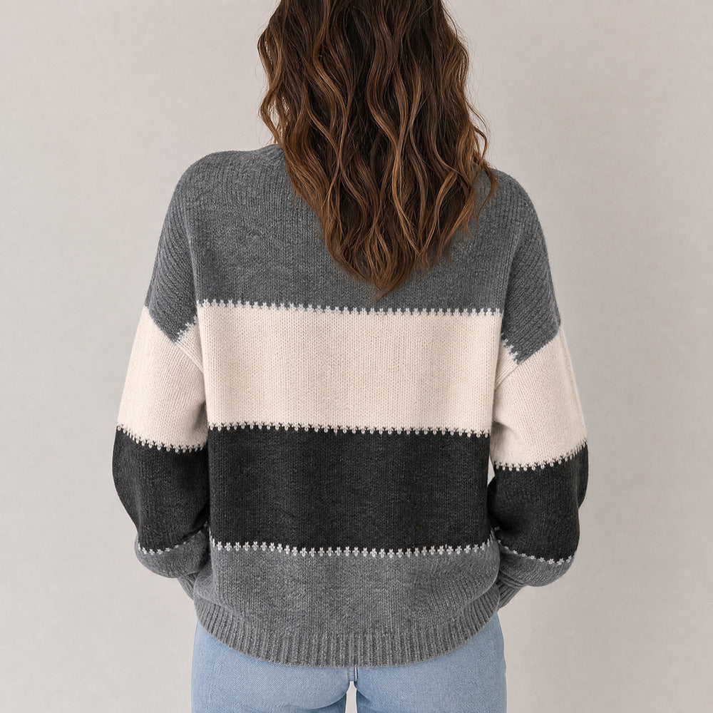Women's Striped Colour-Block Jumper - grey, back view
