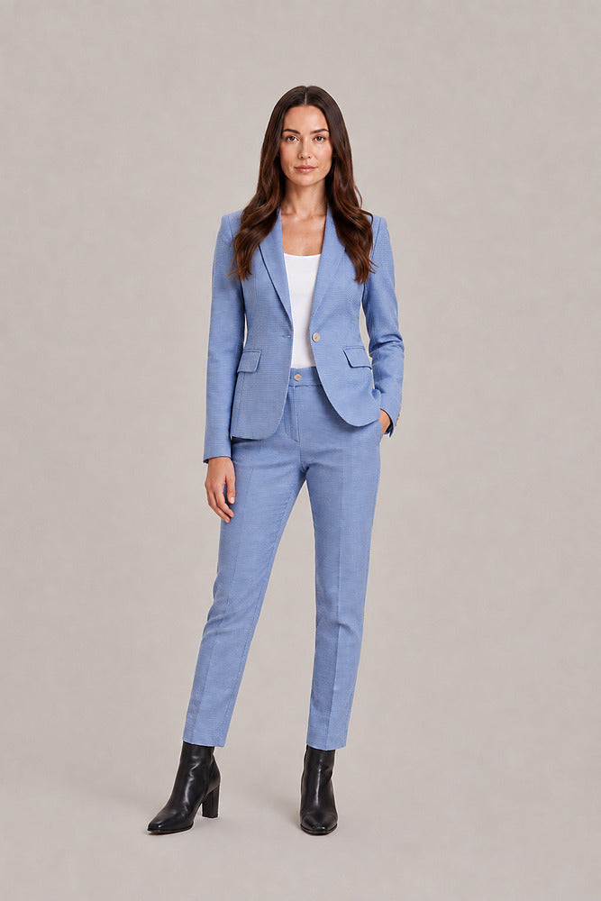 Women's tailored blazer and trouser suit, two-piece set in blue