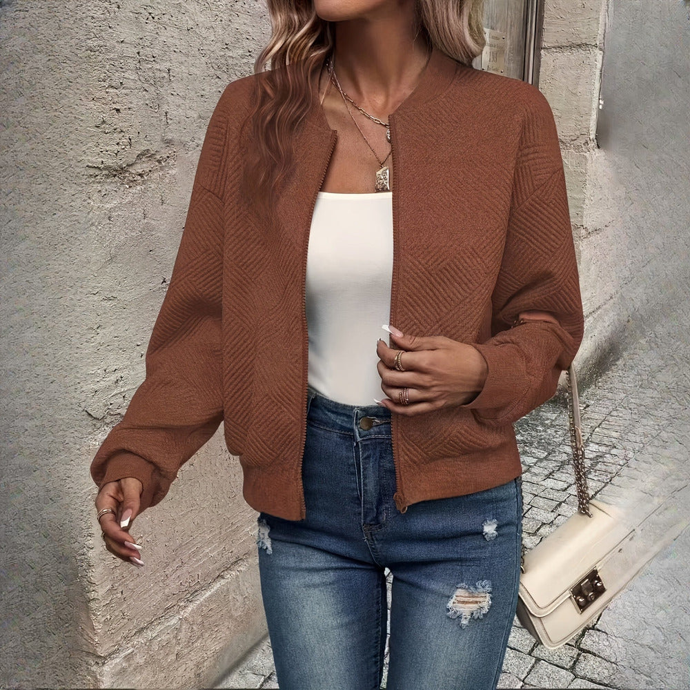 Women's textured zip-up jacket in brown, front view