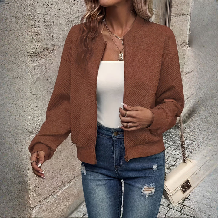 Women's textured zip-up jacket in brown, front view