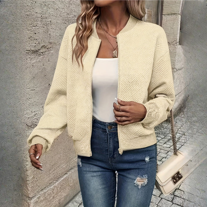 Women's textured zip-up jacket in cream, front view