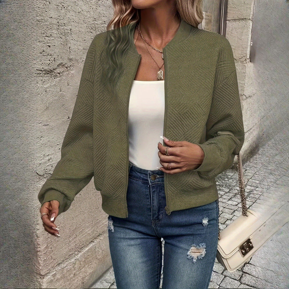 Women's textured zip-up jacket in olive green, front view