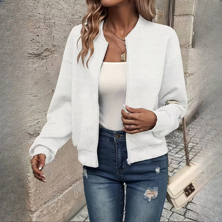Women's textured zip-up jacket in white, front view