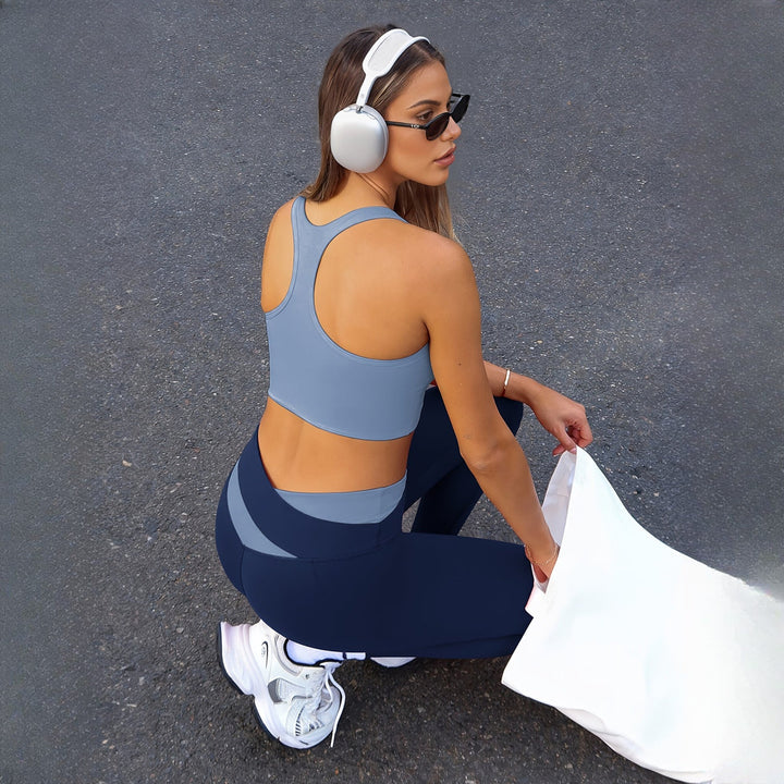 Women's two-piece activewear set in blue, back view