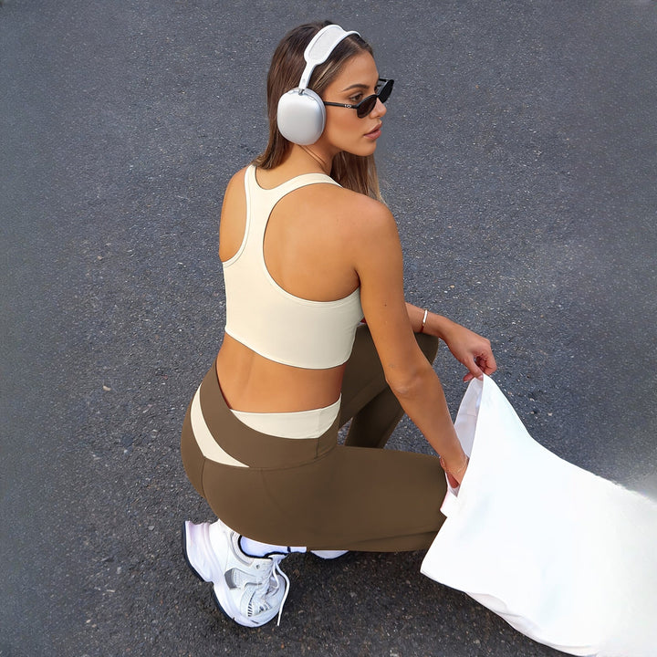 Women's two-piece activewear set in cream and brown, back view