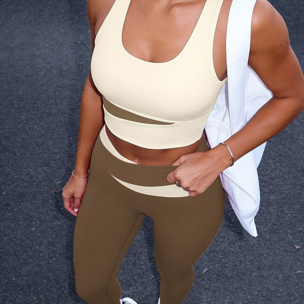 Women's two-piece activewear set in cream and brown