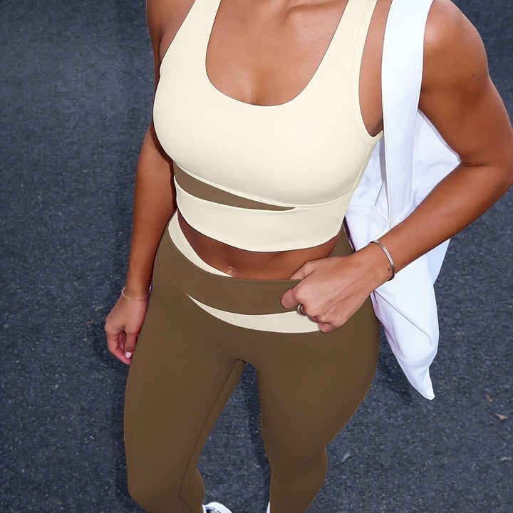 Women's two-piece activewear set in cream and brown
