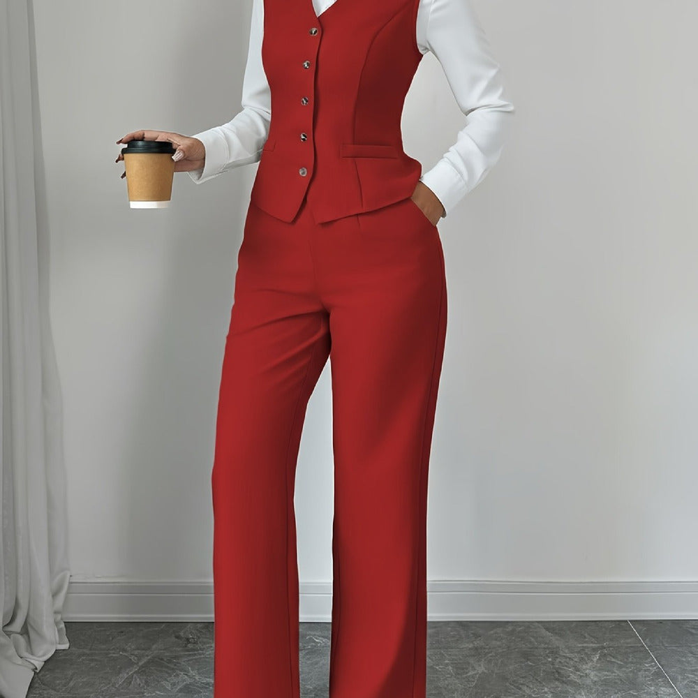 Women's waistcoat and wide-leg trouser set in brick red