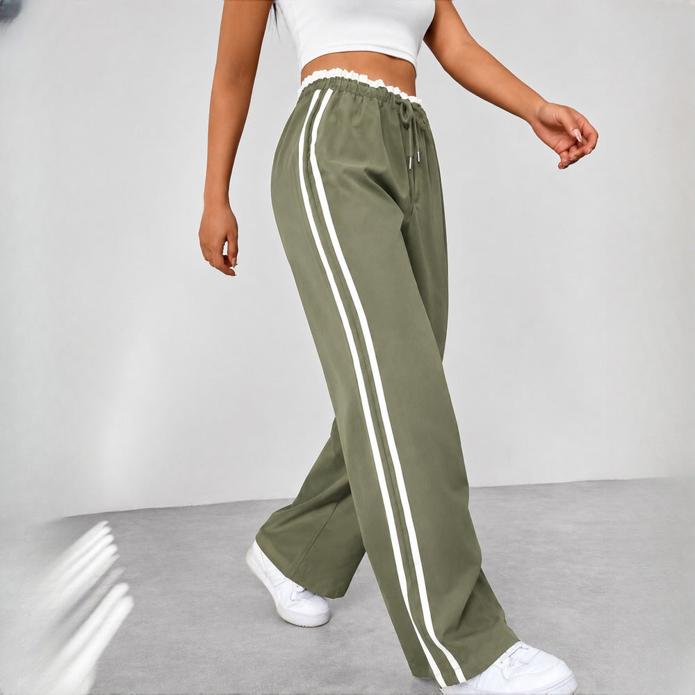 Women's High-Waisted Wide-Leg Joggers with Side Stripes - army green