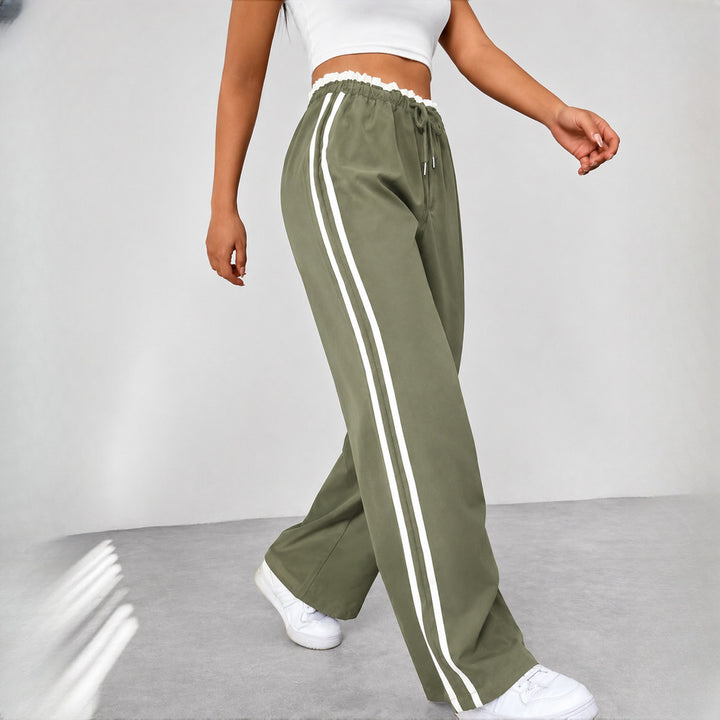 Women's High-Waisted Wide-Leg Joggers with Side Stripes - army green