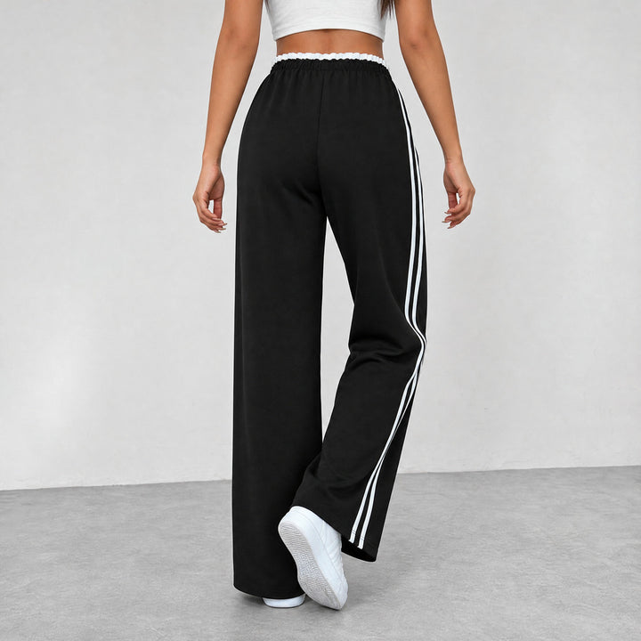 Women's High-Waisted Wide-Leg Joggers with Side Stripes - black, back view