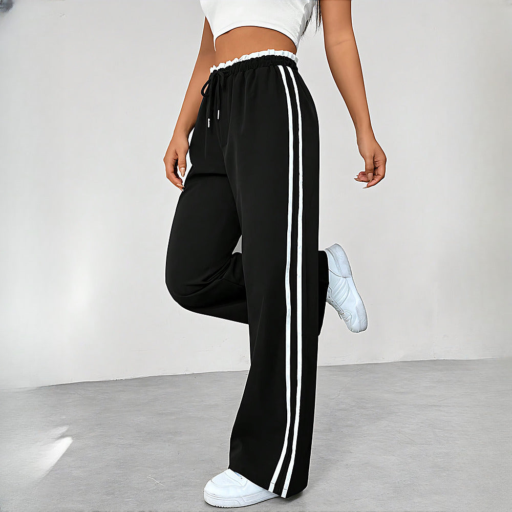 Women's High-Waisted Wide-Leg Joggers with Side Stripes - black