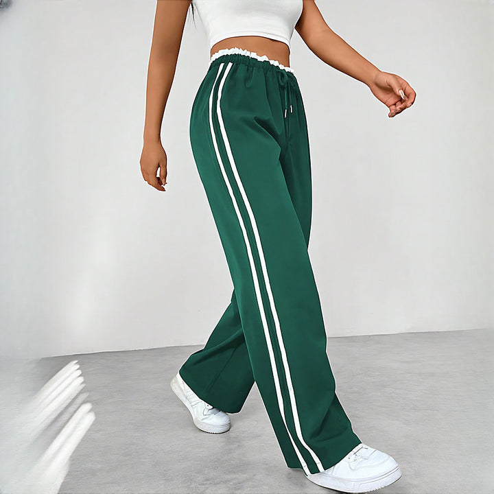 Women's High-Waisted Wide-Leg Joggers with Side Stripes - dark green