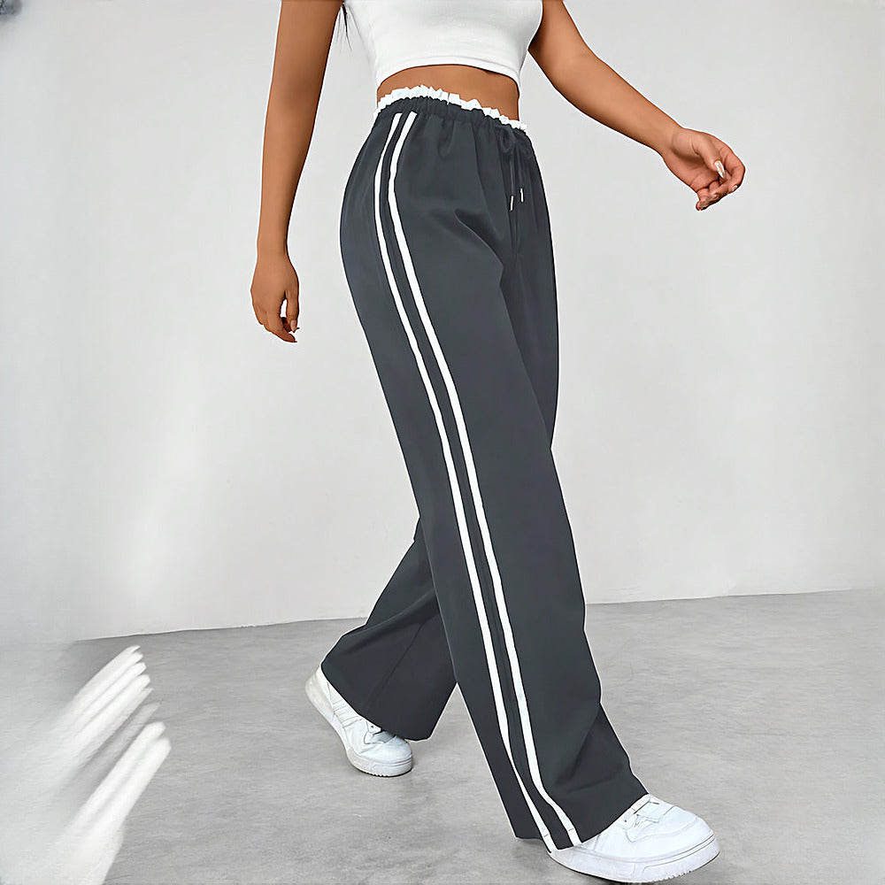 Women's High-Waisted Wide-Leg Joggers with Side Stripes - grey