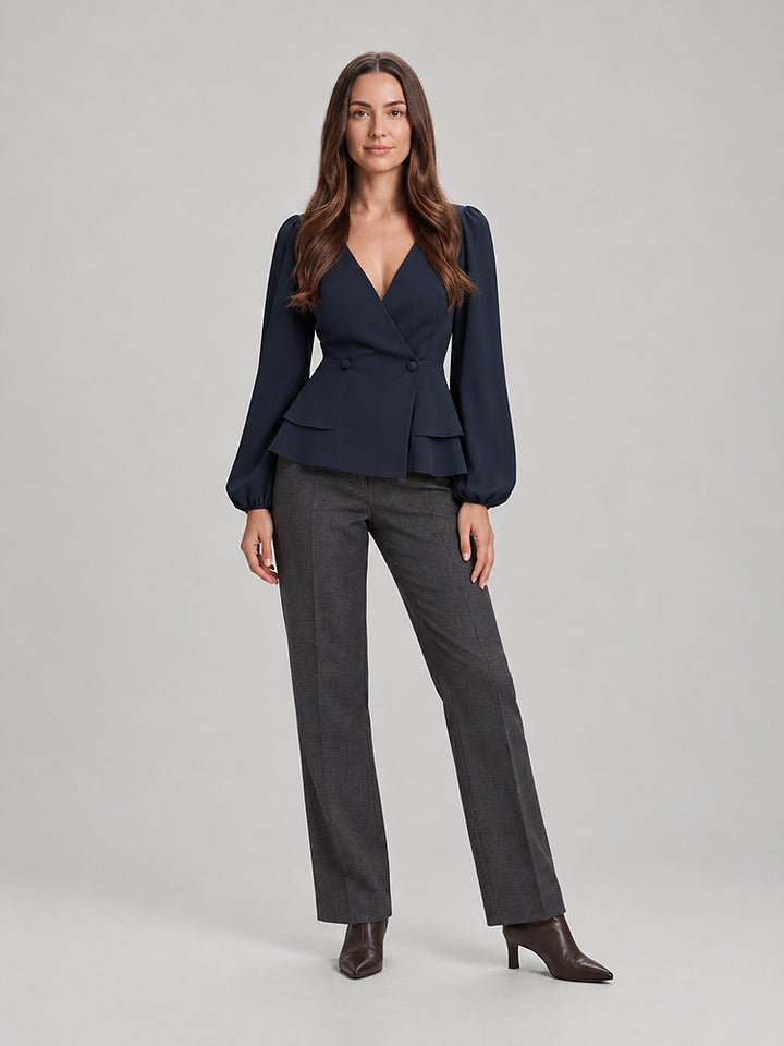 Women's wrap front peplum blouse with wide sleeves in navy