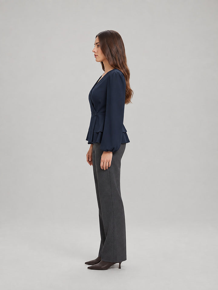 Women's wrap front peplum blouse with wide sleeves