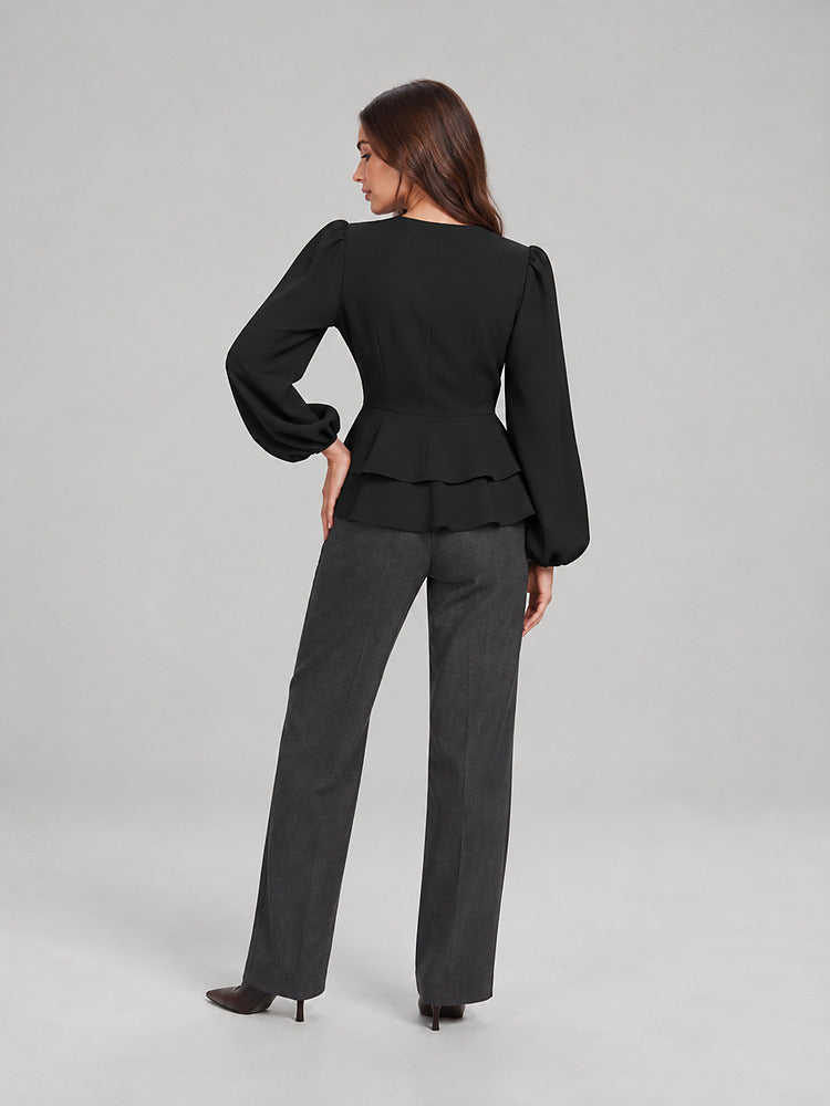 Women's wrap front peplum blouse with wide sleeves