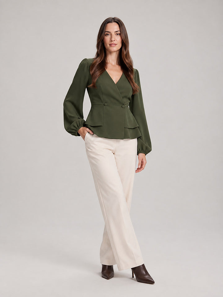 Women's wrap front peplum blouse with wide sleeves in army green