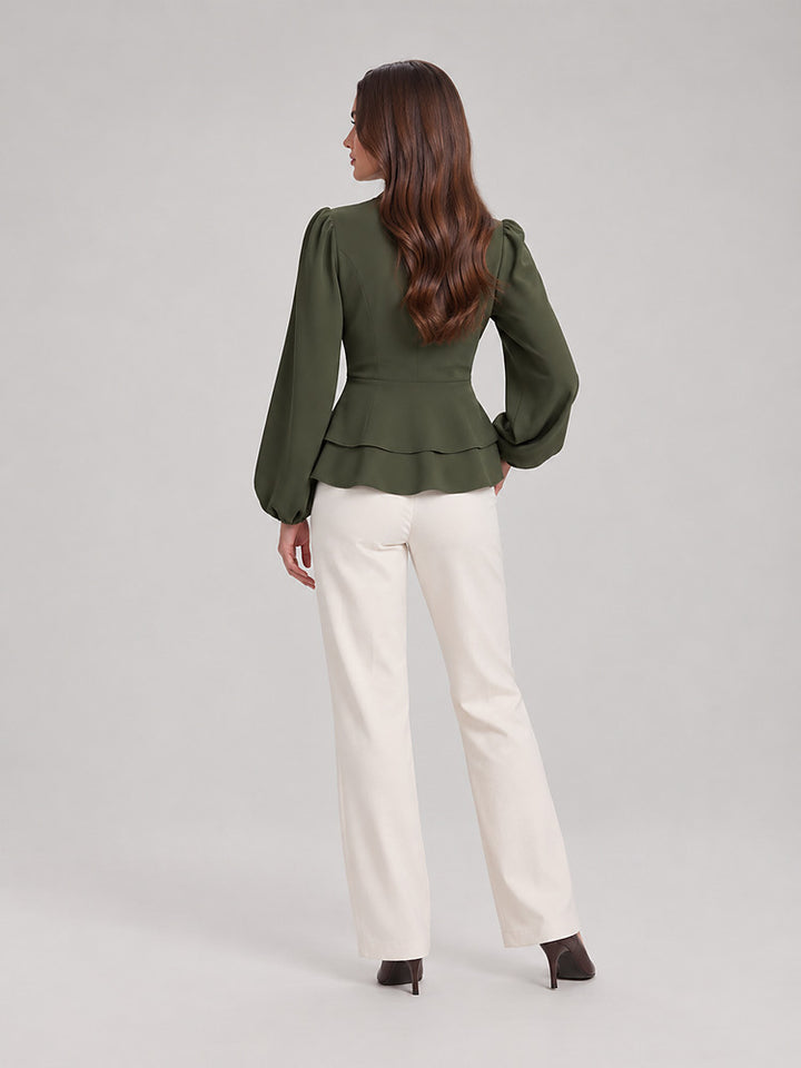 Women's wrap front peplum blouse with wide sleeves