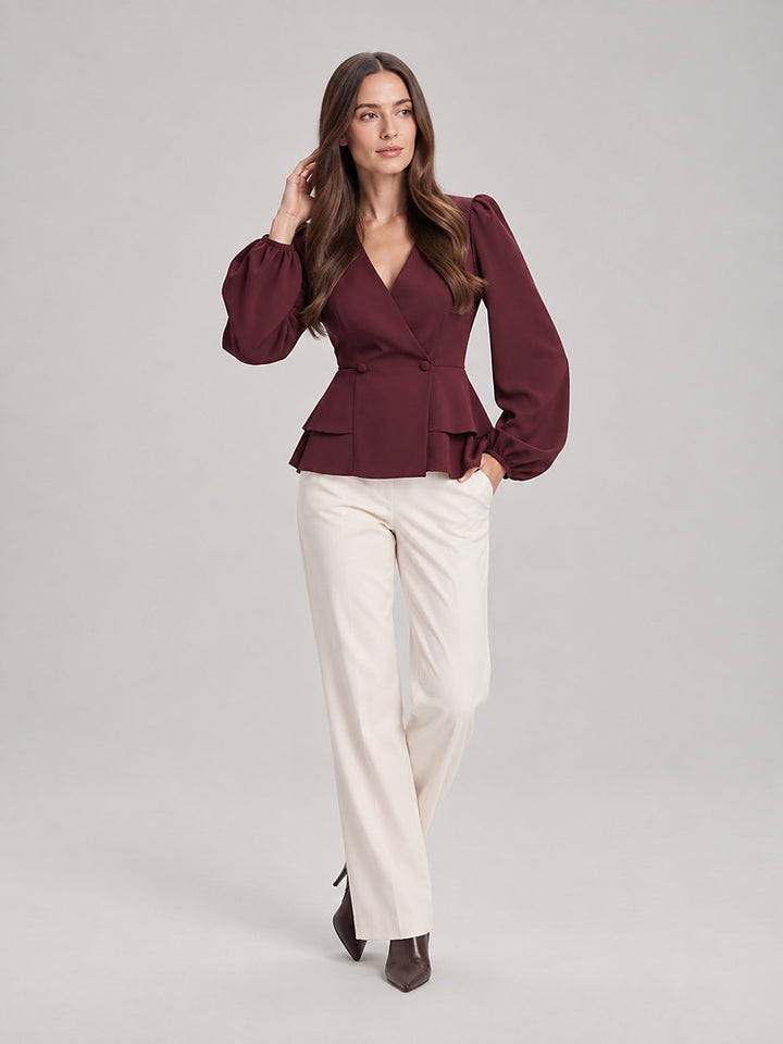 Women's wrap front peplum blouse with wide sleeves in burgundy